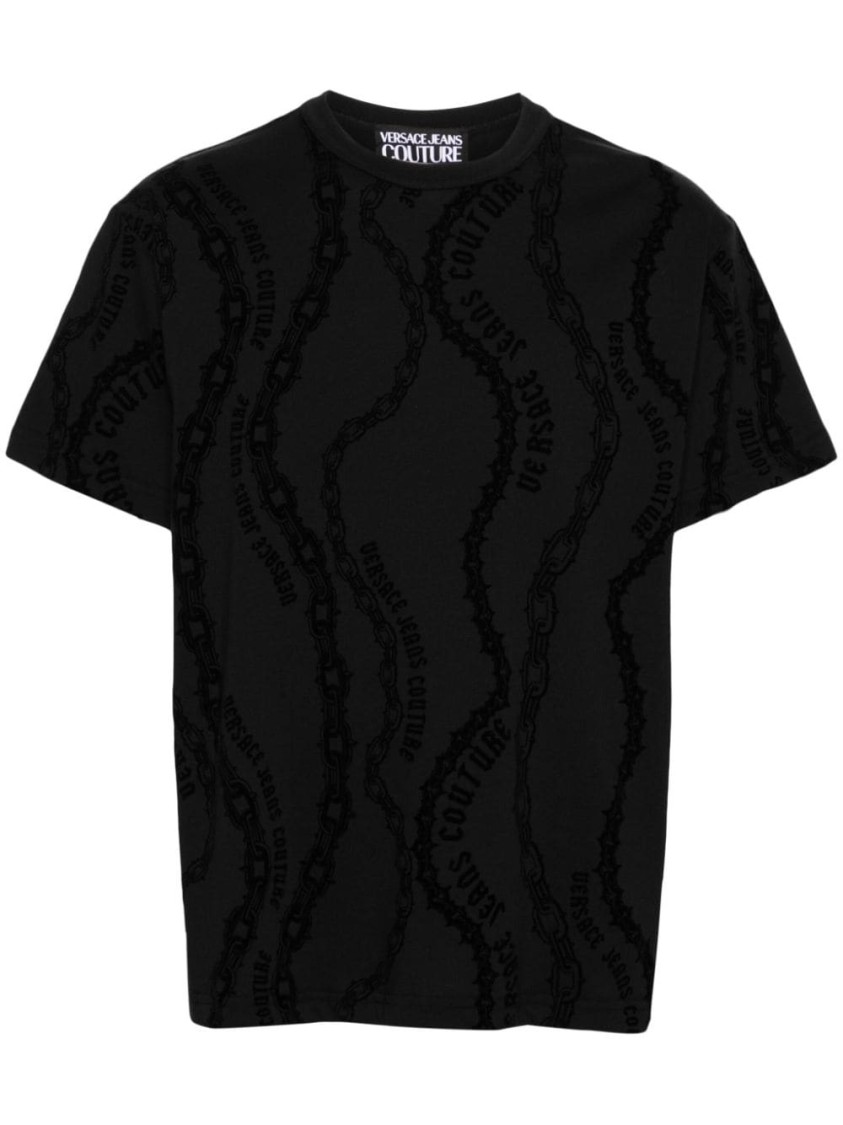 Shop Versace Jeans Couture Textured Pattern Black T-shirt With Classic Crew Neckline
