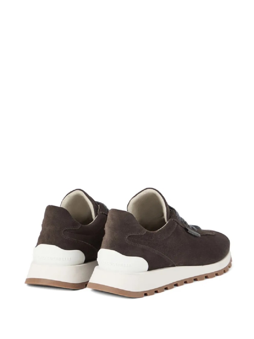 Brunello Cucinelli Brown Low Top Sneakers With Monil Detail On The Side And Embossed Logo Lettering On The Rear In Leat In Brown