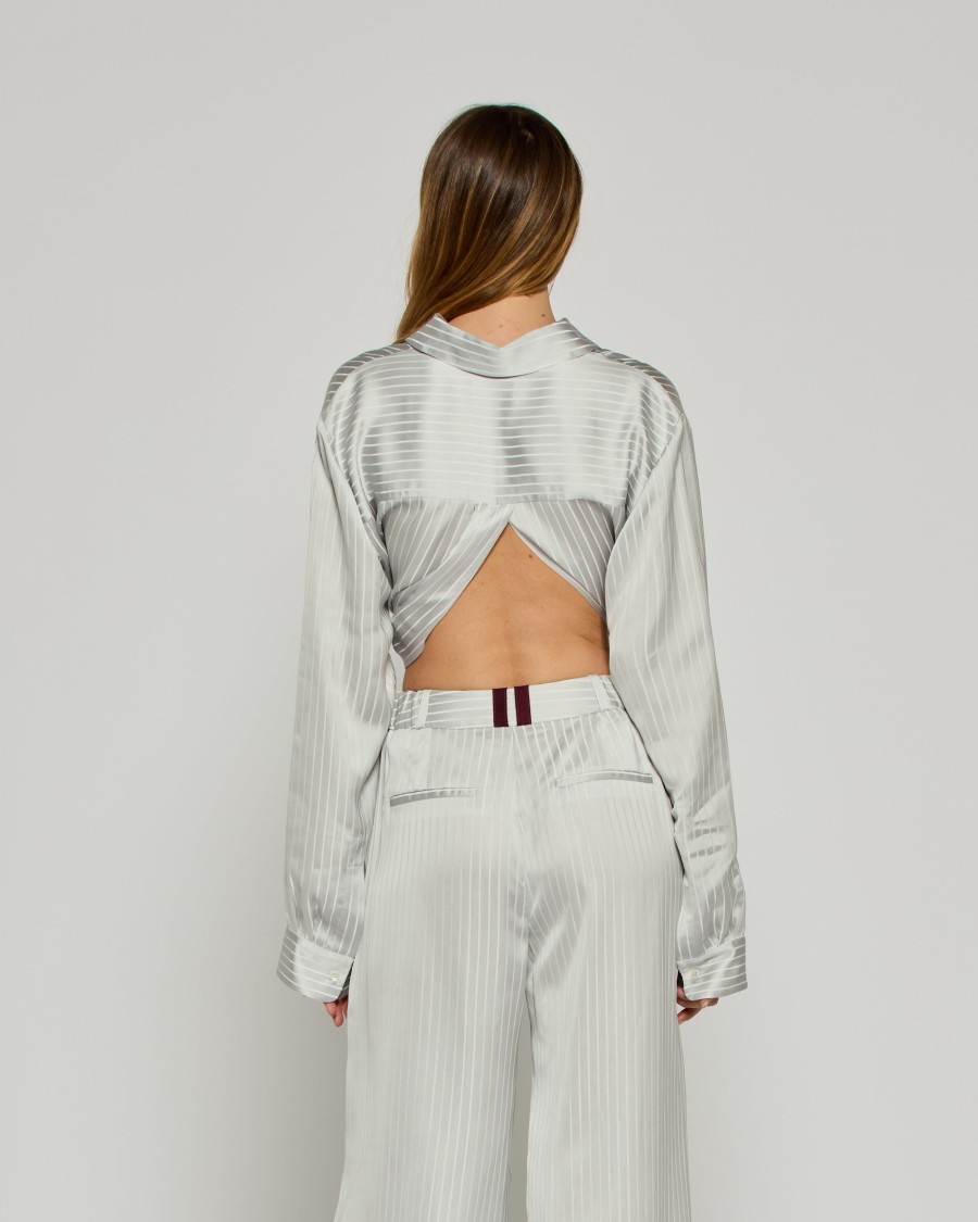 Serena Bute Satin Stripe Open Back Shirt - Silver In White