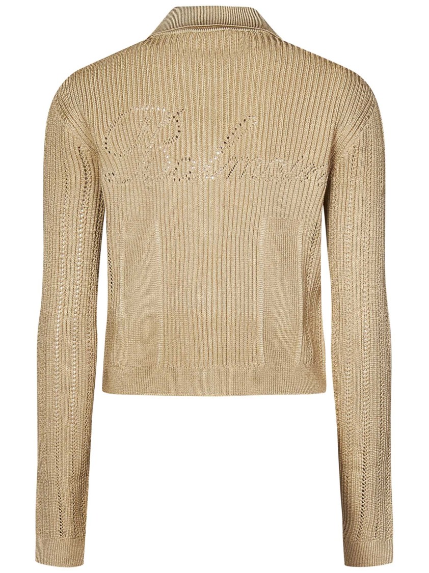 Shop Balmain Cropped Beige Ribbed Cardigan With Openwork Logo