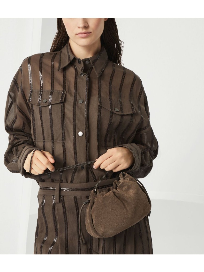 Brunello Cucinelli Soft Suede Drawstring Bag With Chain-link Strap