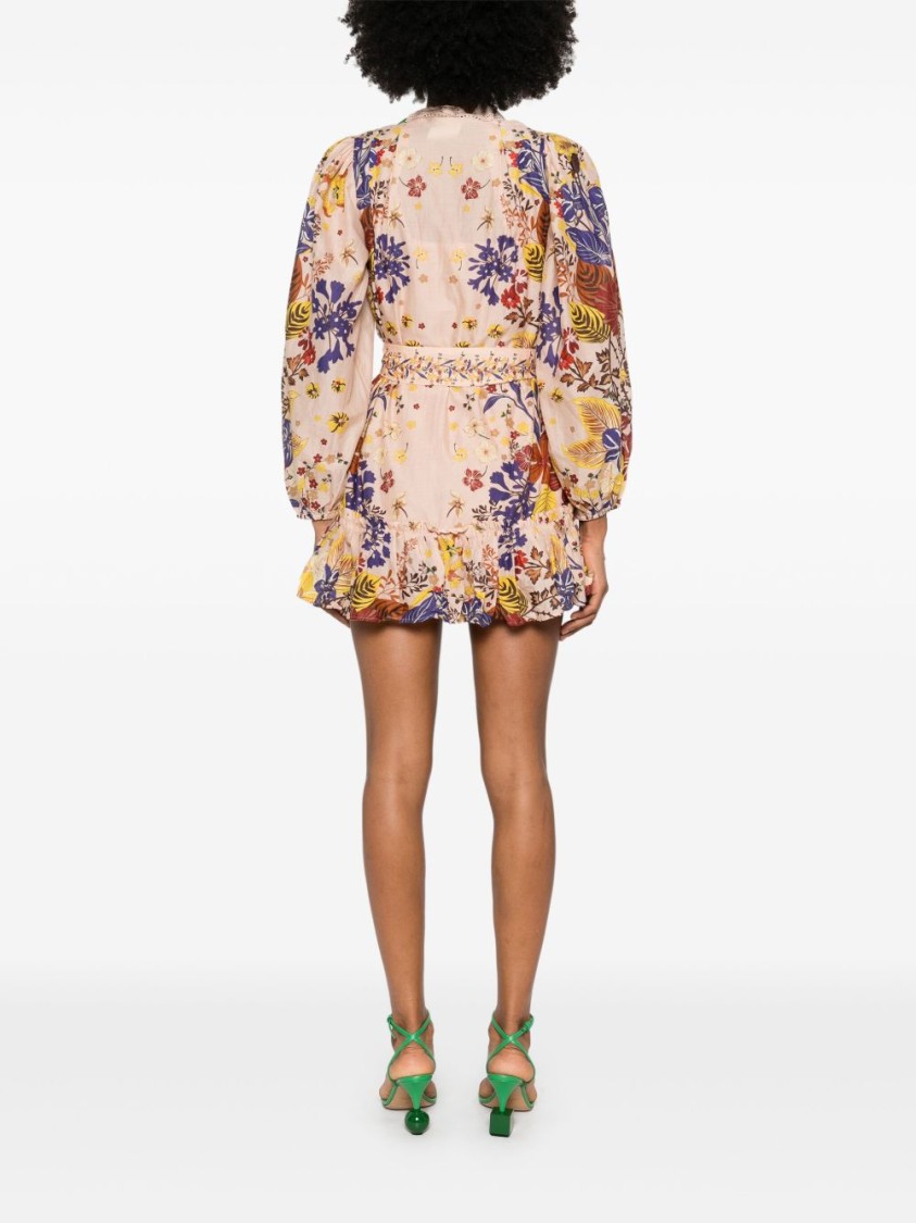 Farm Rio Floral Print Mini Dress With Lace Collar And Ruffled Hem