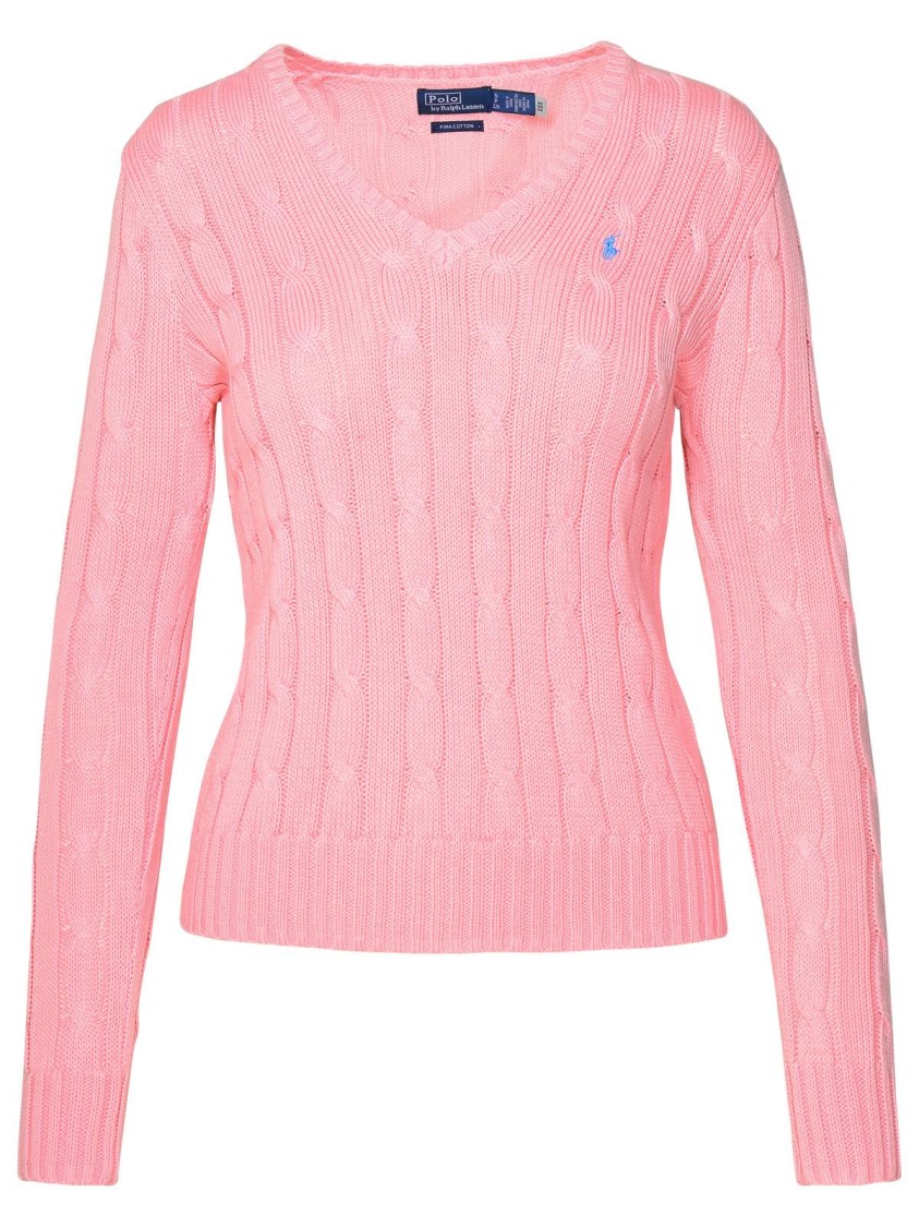 Polo Ralph Lauren Plaited Cotton V-neck Sweater In Pink