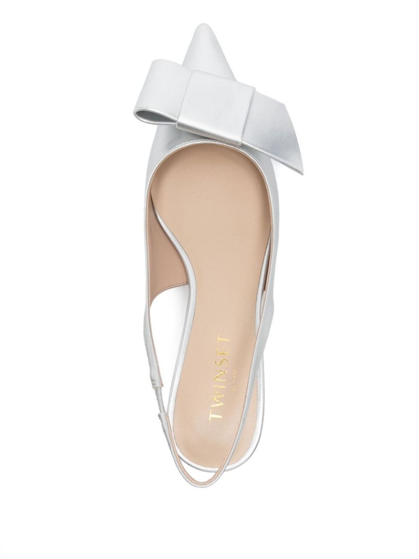 Shop Twinset Twin-set Silver Ballerina Shoes With Bow Detail