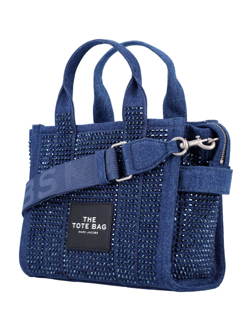 Shop Marc Jacobs Crystal-embellished Denim Small Tote Bag In Blue