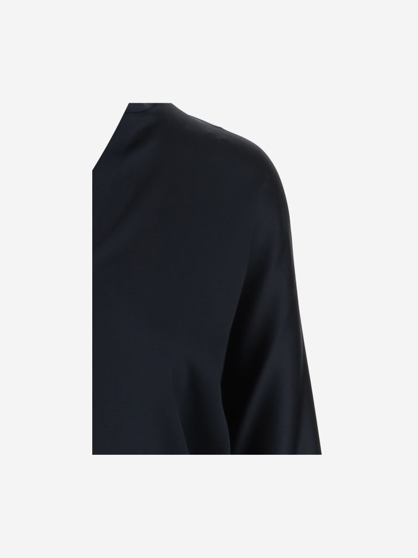 Vince Silk Satin Blouse With V-neck And Asymmetrical Hem In Blue