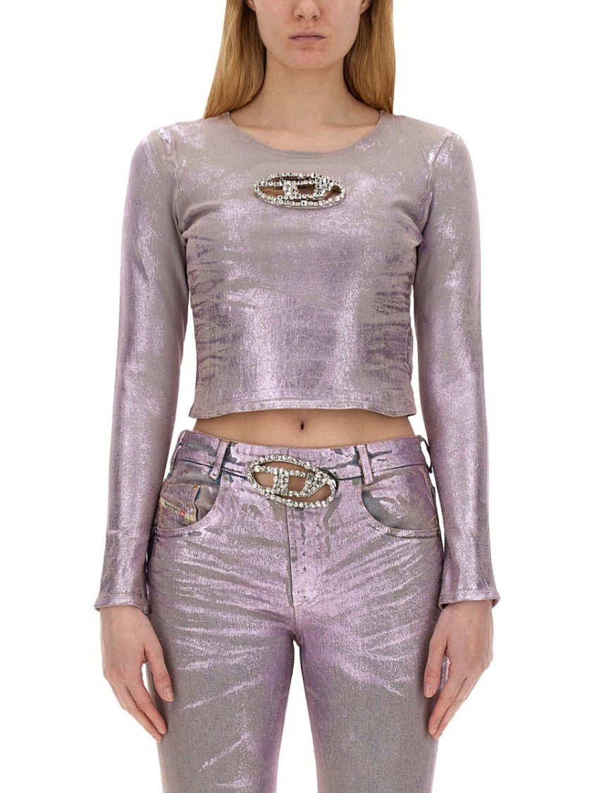 Diesel Stretch Denim Cropped Top With Metallic Finish In Pink