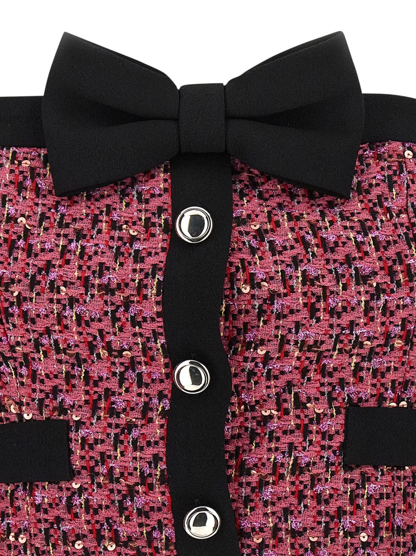 Alessandra Rich Wool Blend Tweed Top With Micro-sequin Embroidery And Bow Detail In Pink