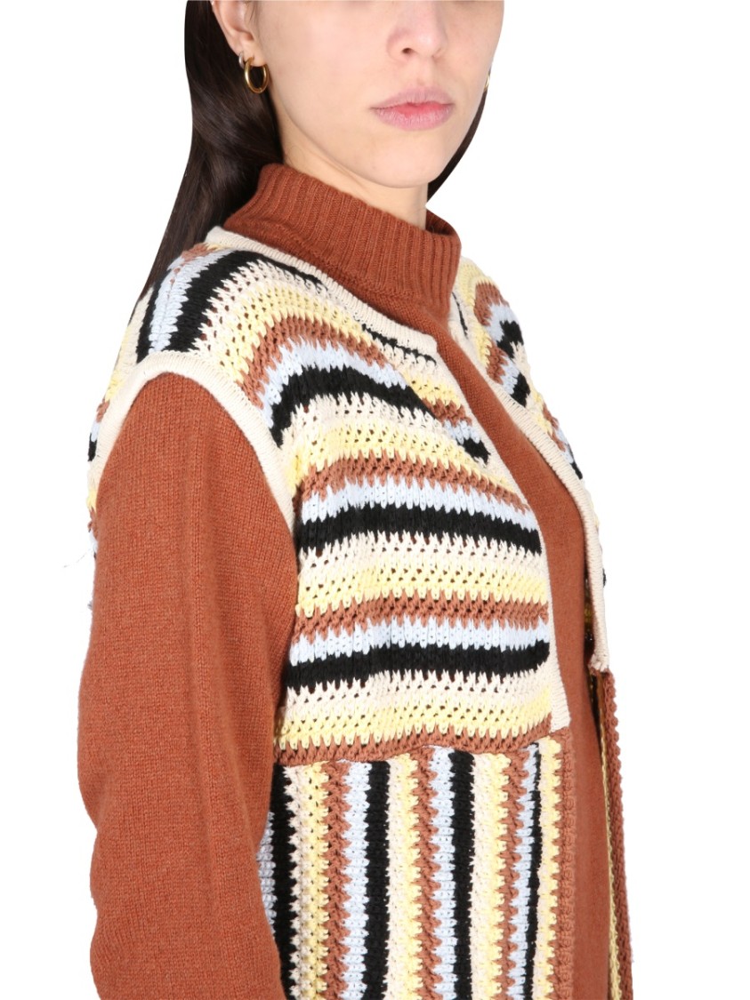 Alysi Open Front Striped Long Vest With Textured Knit In Pink