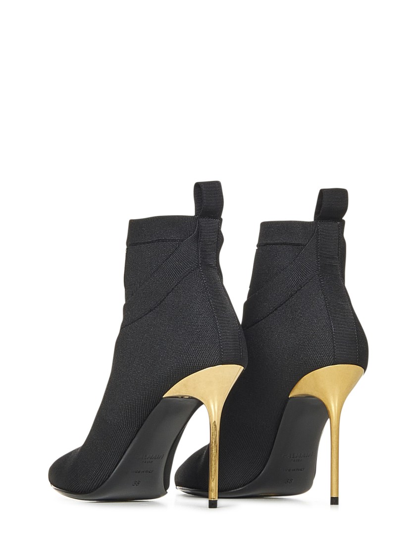 Balmain Black Stretch Knit Ankle Boots With Gold Lacquered Stiletto Heel In Black