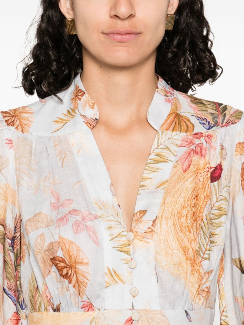 Zimmermann Ascension Light Blue Mini Dress With Flared Skirt And All-over Print In Linen Woman In Neutral
