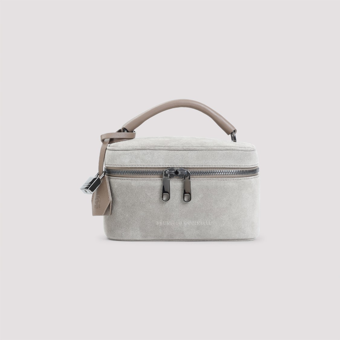 Brunello Cucinelli Structured Suede Leather Clutch With Top Handle In Gray