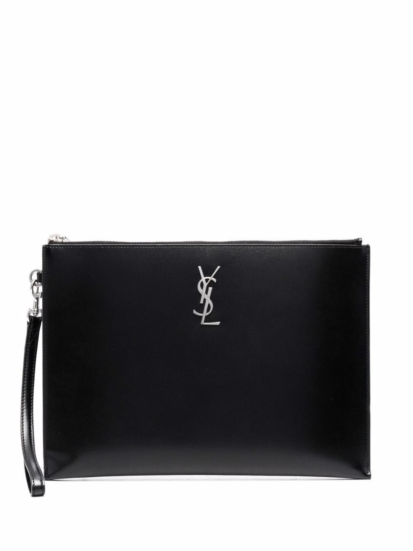 Saint Laurent Logo Plaque Clutch Bag In Black