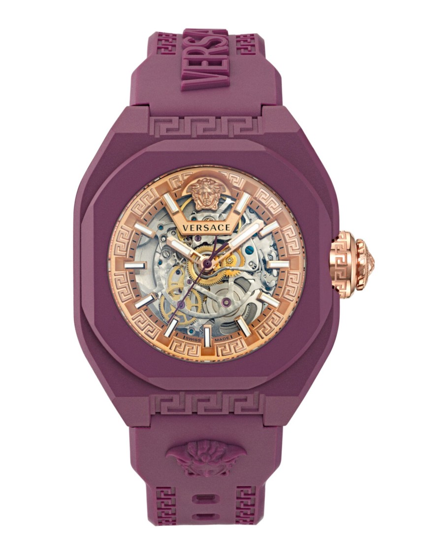 Versace V-legend Skeleton Automatic Watch In Purple