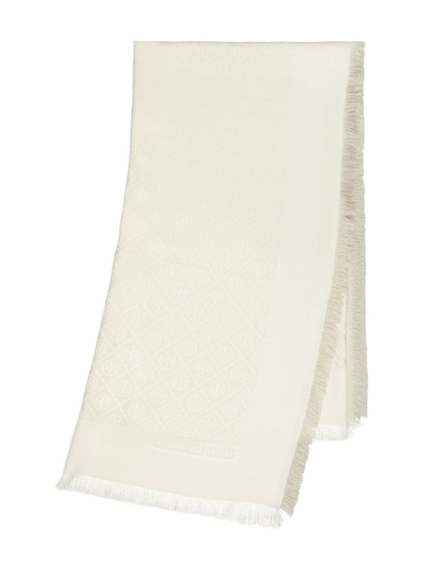 Tory Burch Ivory Wool-silk Blend Wraparound Scarf With Monogram Pattern