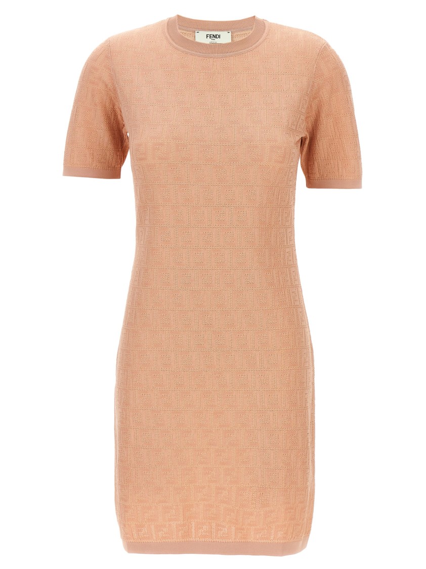Fendi Cotton Short Sleeve Dress With Textured Pattern In Orange