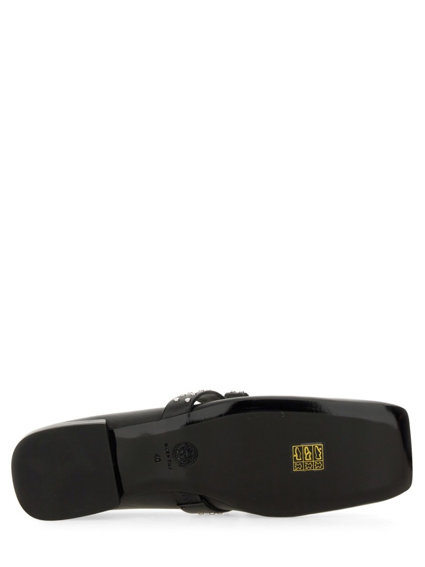 Versace Gianni Ribbon Leather Ballerina Flats With Studded Bow In Black