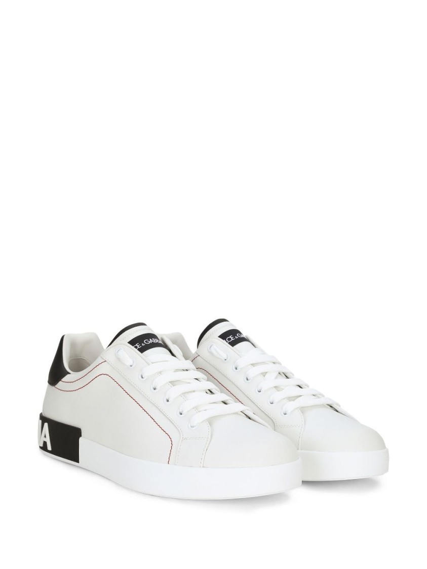 Dolce & Gabbana White Calf Leather Sneakers With Logo Patch And Round Toe In White