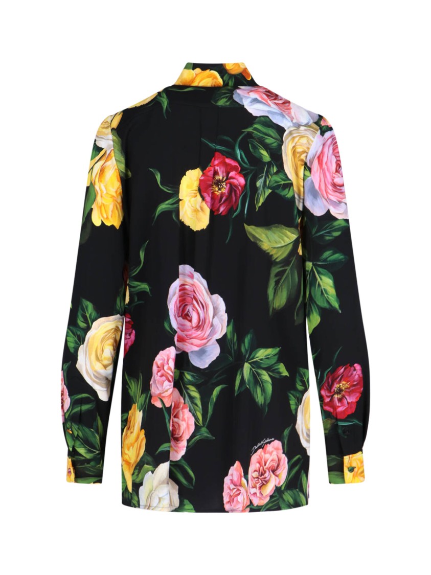 Dolce & Gabbana Multicolor Shirt With Oversize Pointed Collar And All-over Floral Motif In Silk Stretch Woman In Black