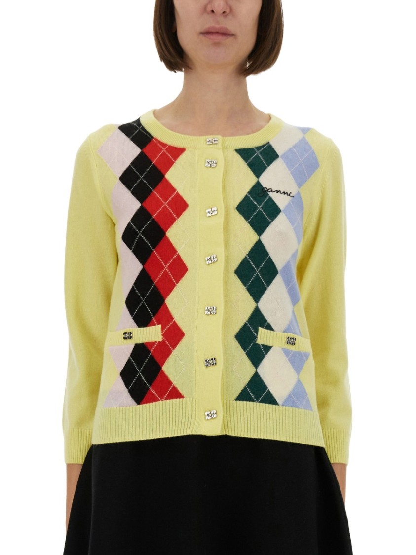 Ganni Knitwear Cardigan With Argyle Pattern And Pockets In Yellow