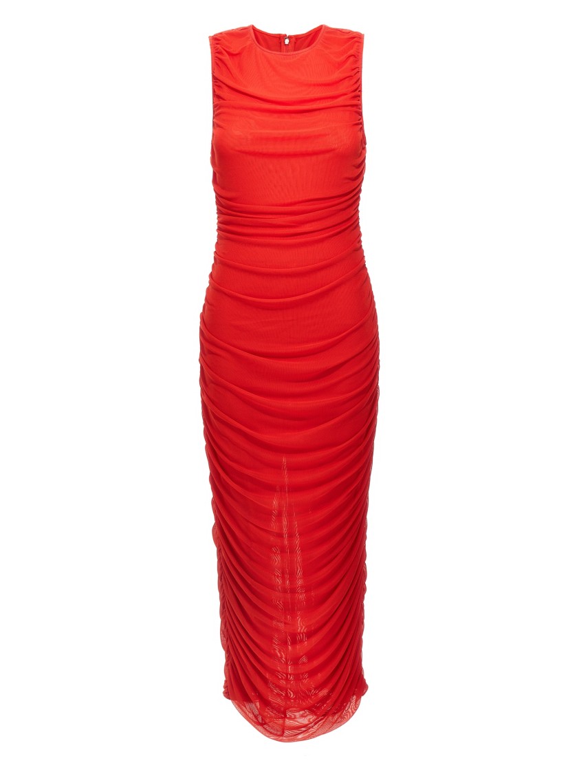 Rotate Birger Christensen Gathered Detail Mesh Midi Dress In Red