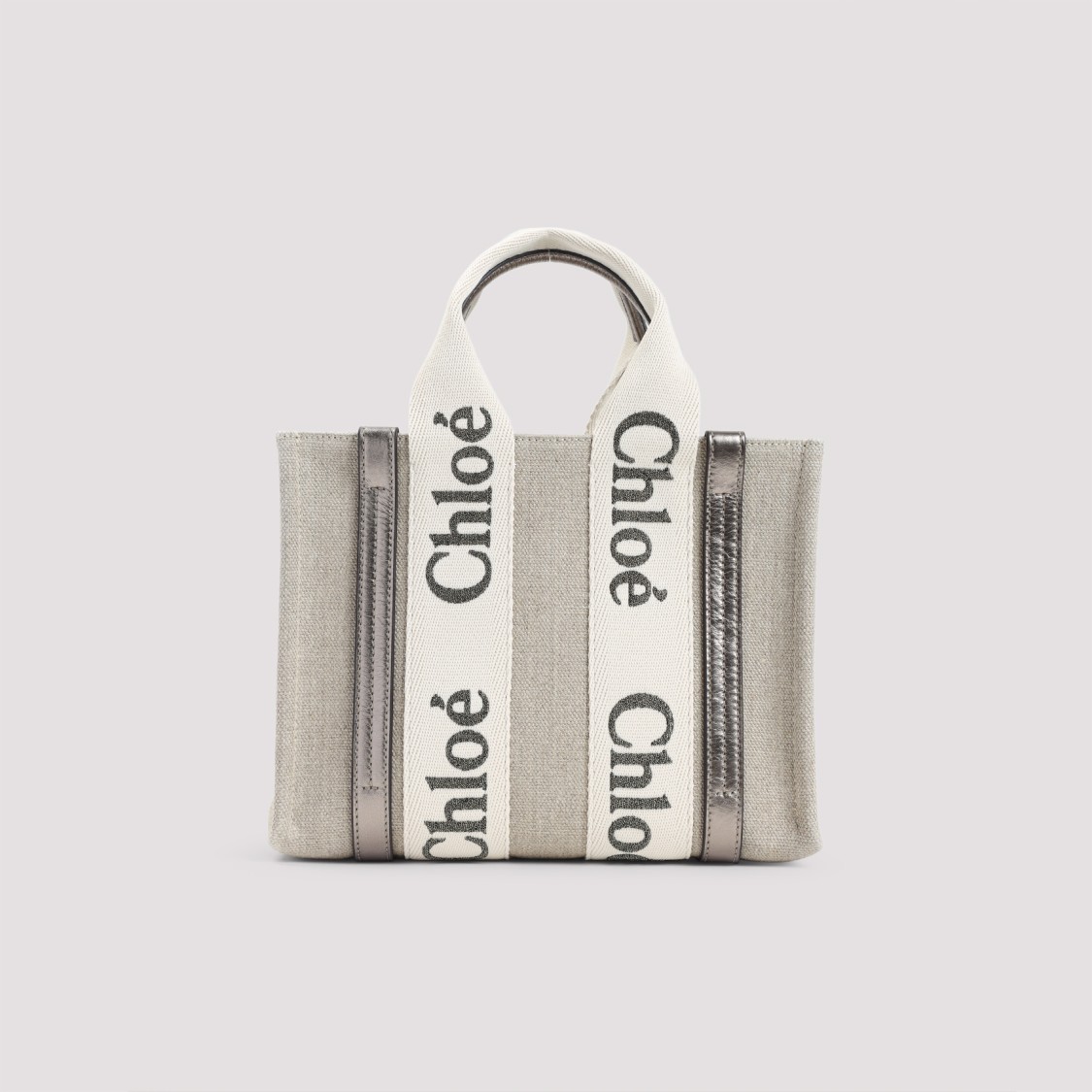 Shop Chloé Shiny Grey Linen Woody Bag