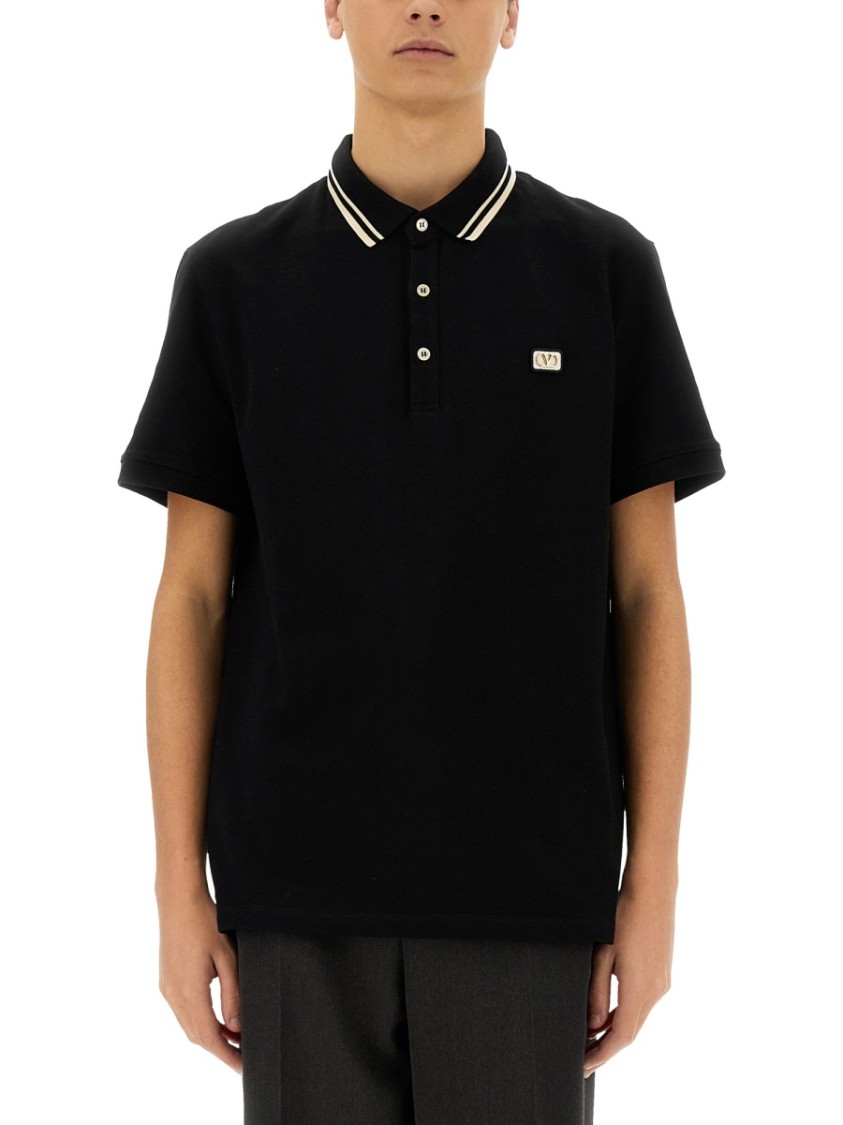 Valentino Garavani Black Polo Shirt With Classic Bicolor Collar And Logo Patch On The Front In Cotto