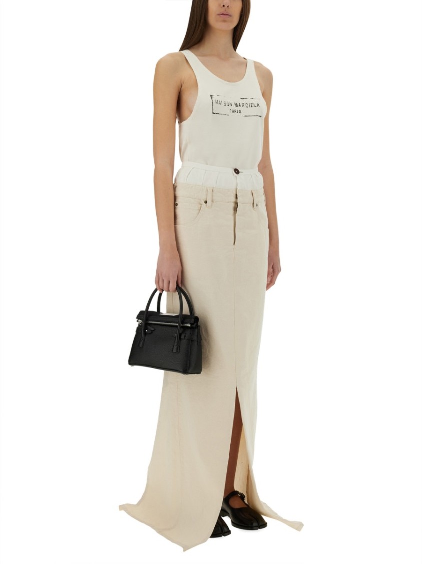 Maison Margiela Beige Top With Wide Neckline And Logo Printed On The Front In Viscose And Cotton Blend Woman