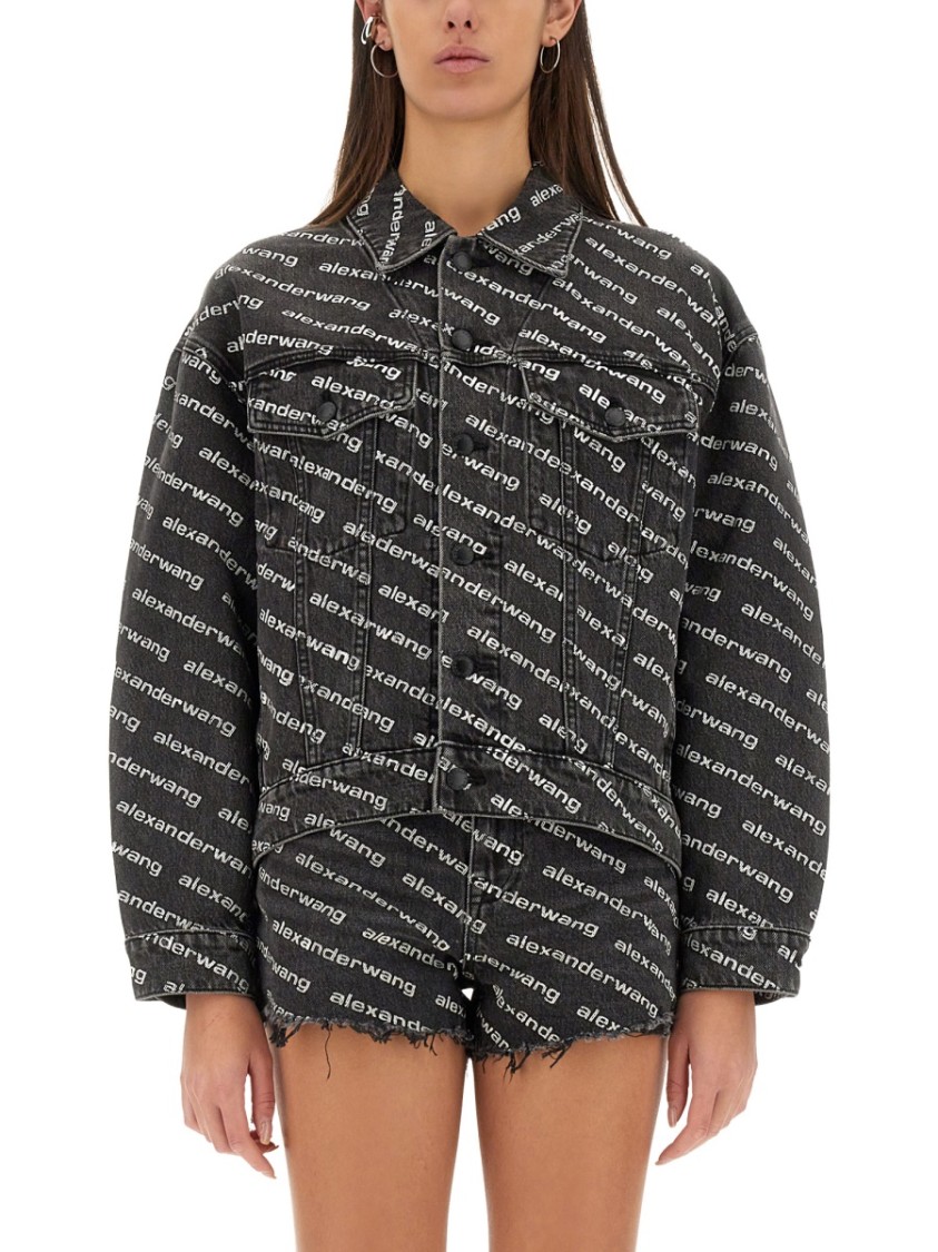 Alexander Wang T Alexander Wang Falling Back Logo-print Denim Jacket In Black