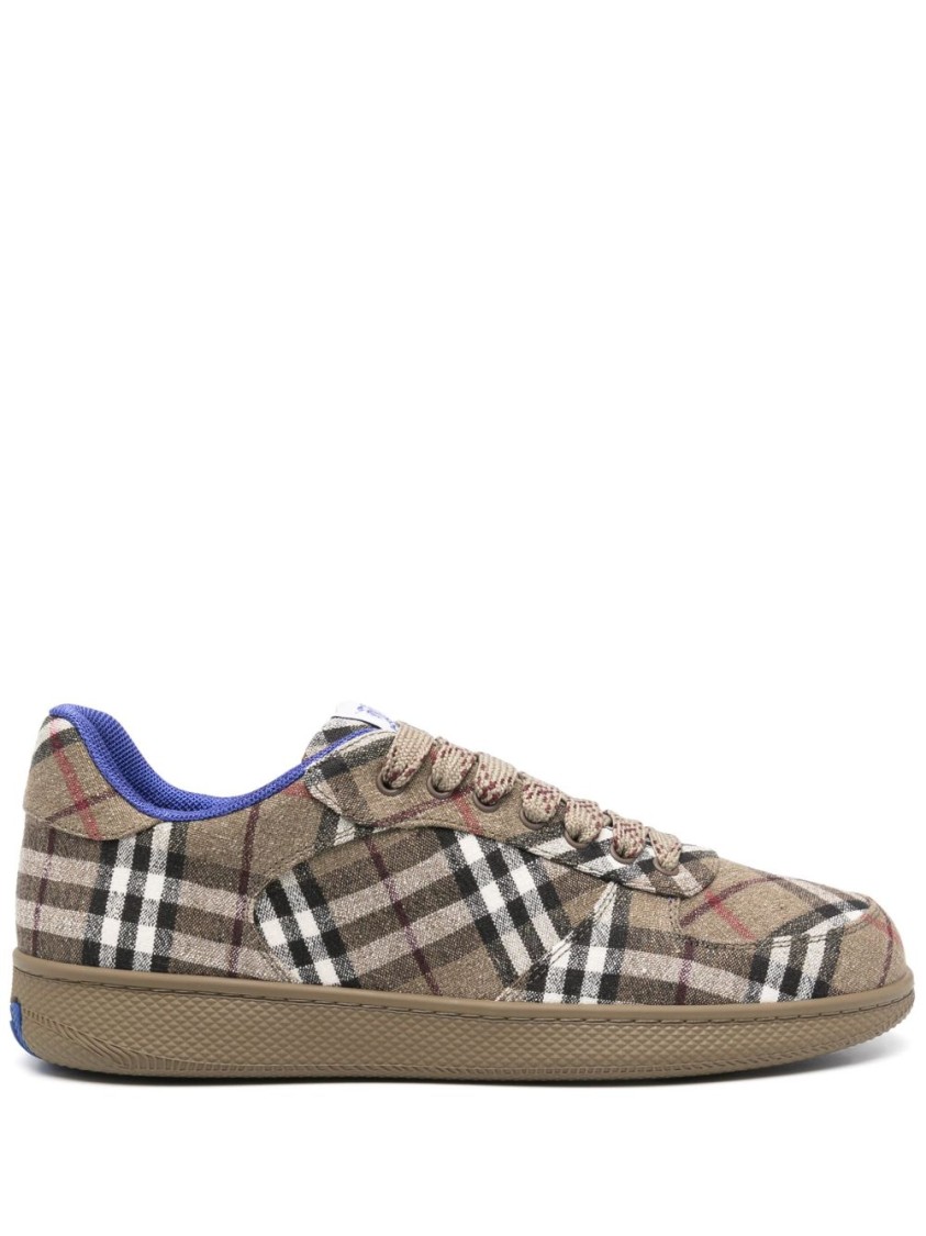 Shop Burberry Plaid Pattern Brown Sneakers