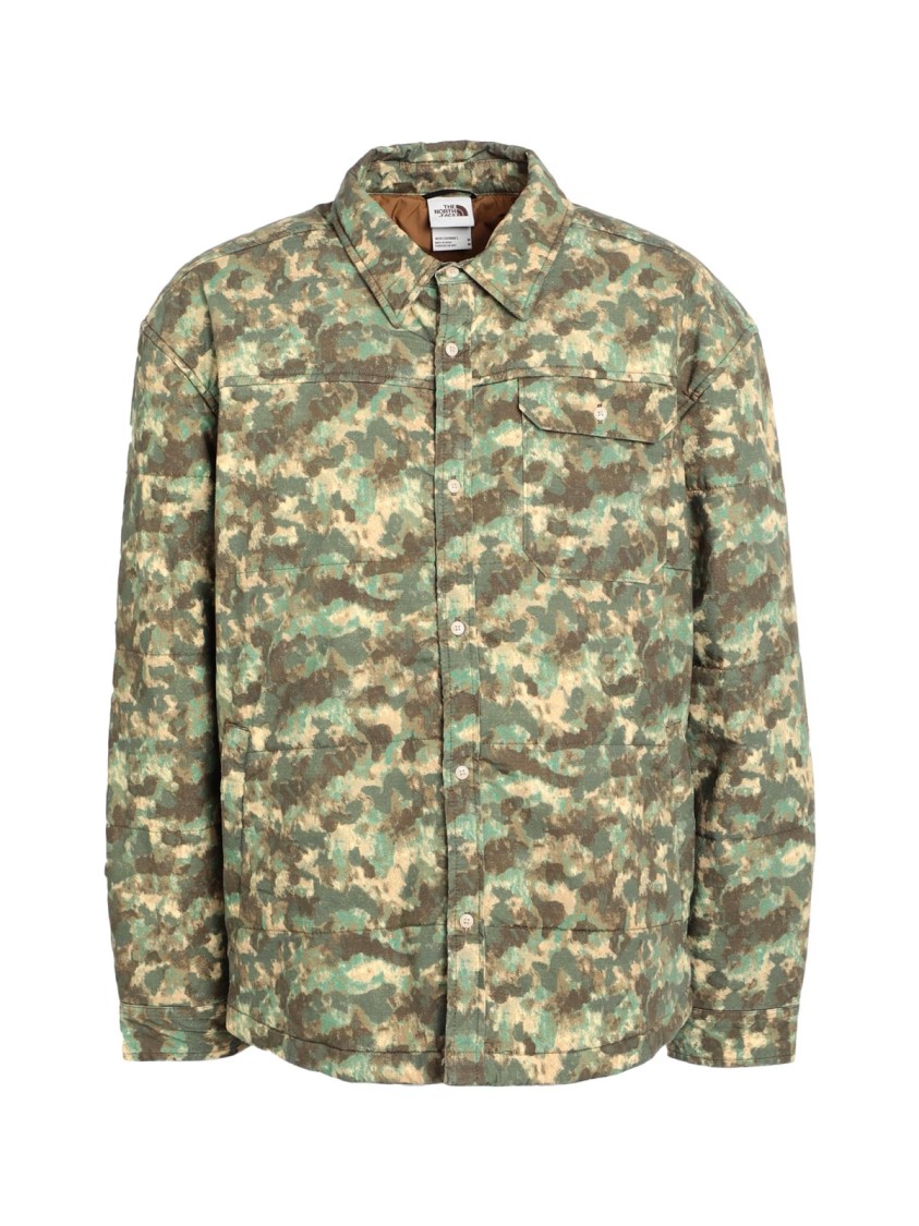 The North Face Military Olive Stippled Camo Print M66 Stuffed Shirt Jacket In Green