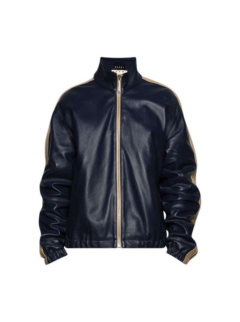 Shop Marni Leather Bomber Jacket Navy In Blue