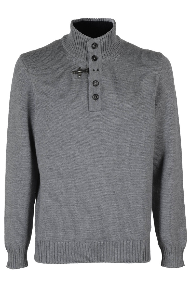 Fay Button-placket Virgin Wool Jumper In Grey