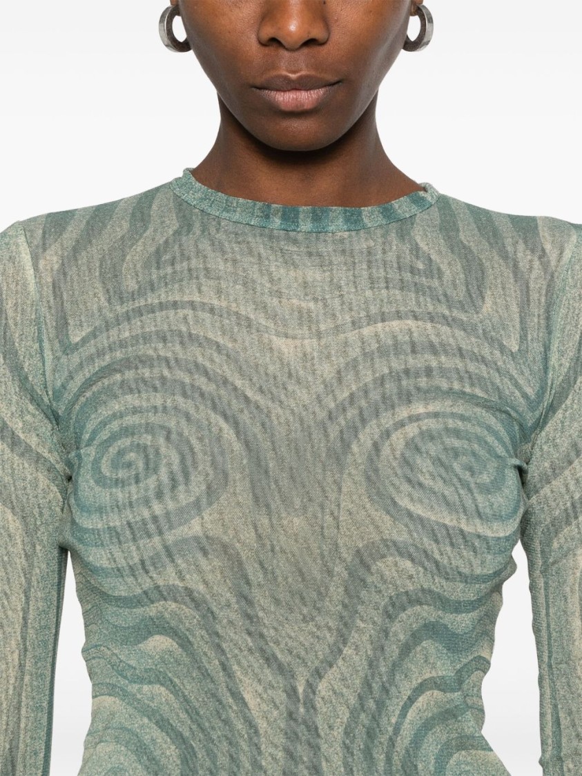 Shop Jean Paul Gaultier Green Mesh Top With Spiral Print Design