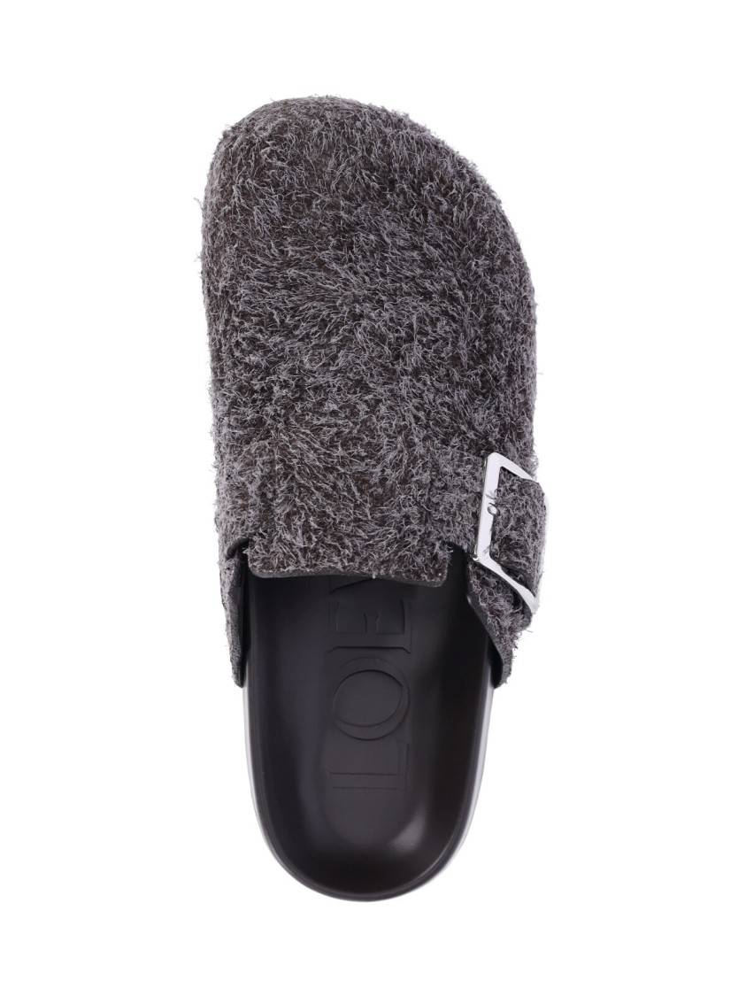 Loewe Buckle Detail Open Back Textured Finish Slippers In Gray