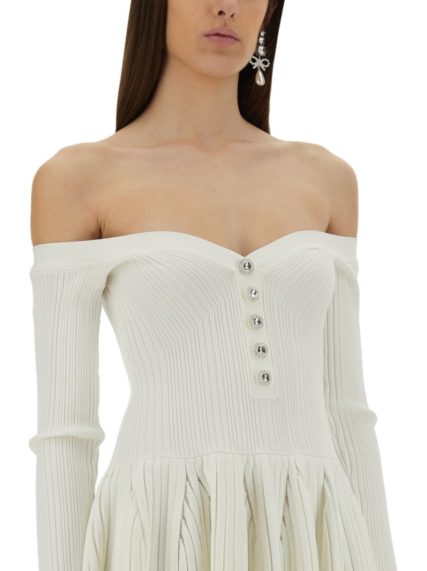 Self-portrait Off-the-shoulder Pleated Ribbed-knit Mini Dress In Neutrals