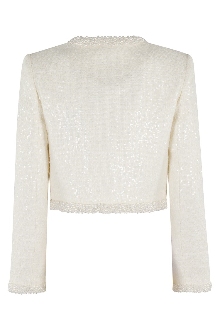 Shop Self-portrait Cream Boucle Pearl Trim Jacket In Neutrals