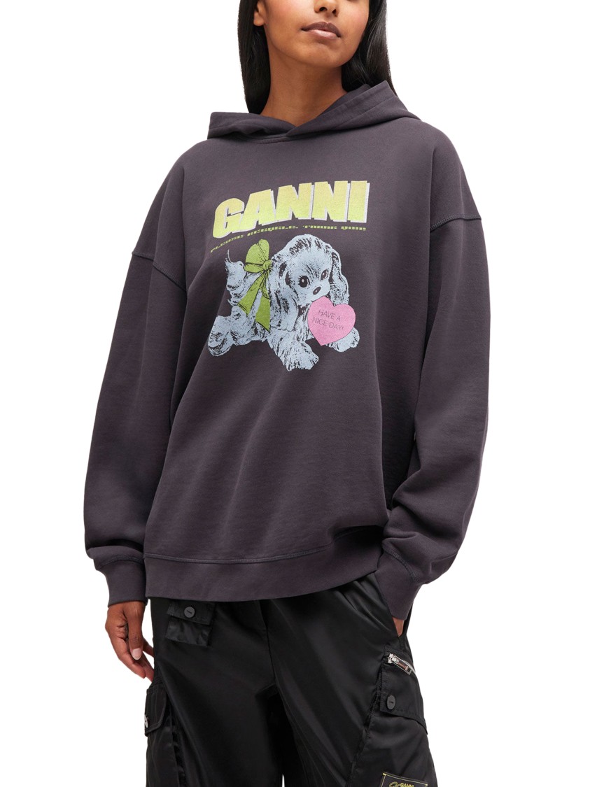 Ganni Isoli Oversized Hoodie With Graphic Puppy Print In Gray