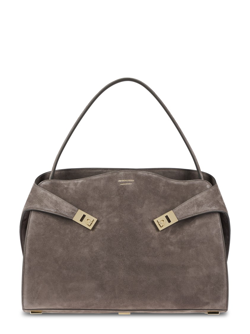 Ferragamo Structured Suede Bag With Gold-tone Hardware In Gray