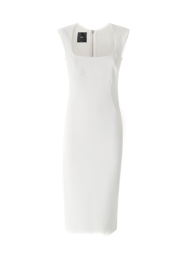 Pinko Fitted White Midi Dress With Square Neckline And Cap Sleeves In White