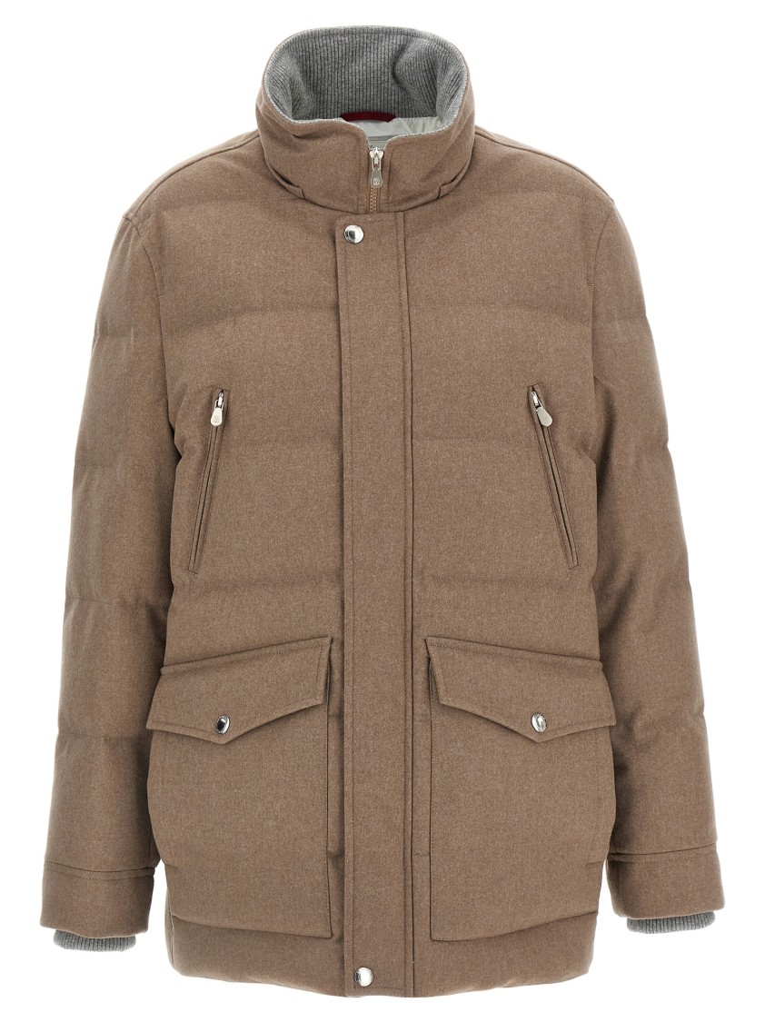 Brunello Cucinelli Flannel Down Jacket Puffer Jackets Beige In Brown