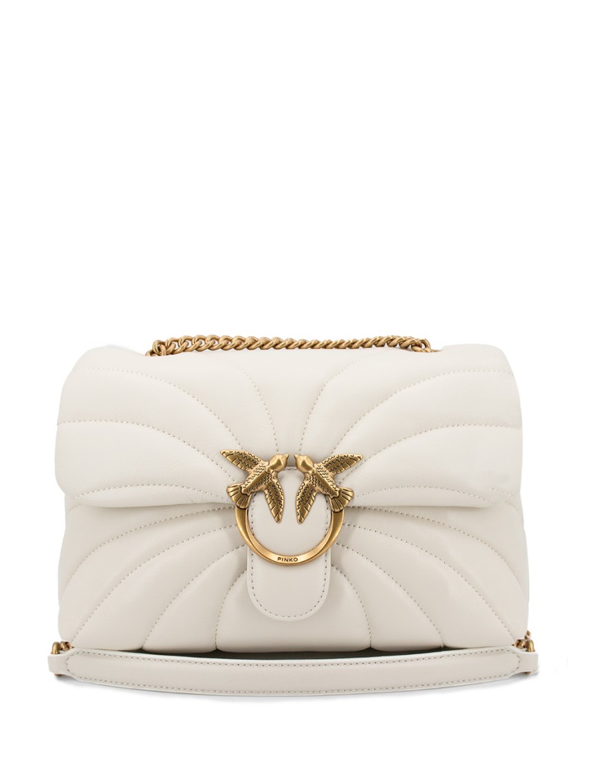Pinko Puff Leather Bag With Iconic Metal Buckle And Suede Lining In Neutrals