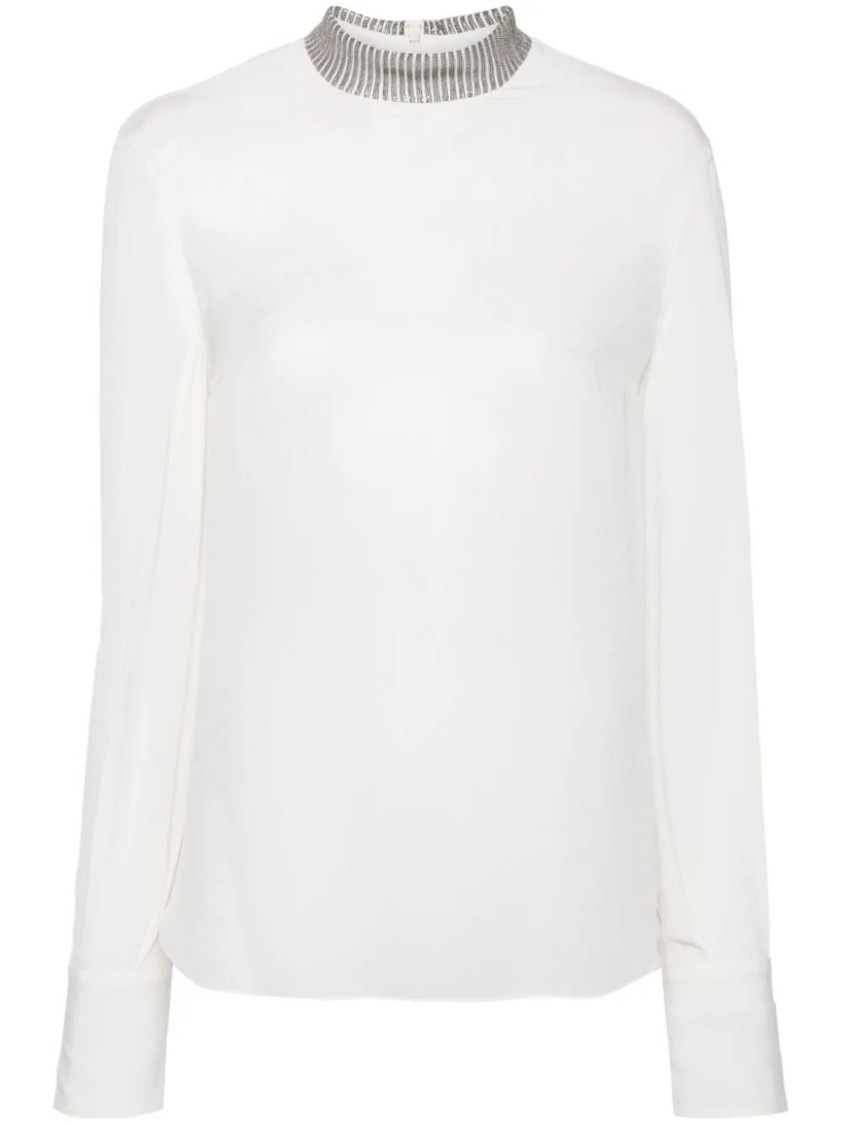 Brunello Cucinelli Long-sleeve Top With High Neckline And Shimmering Detail In White