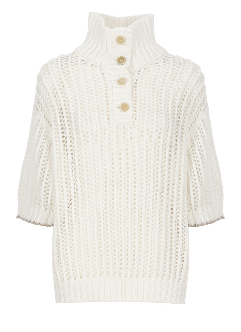 Brunello Cucinelli White High Neck Sweater With Perforated Design