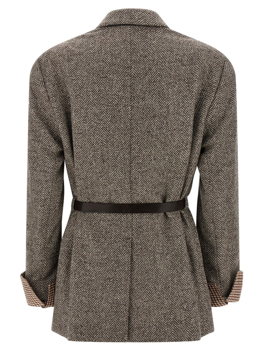 Brunello Cucinelli Tailored Houndstooth Blazer With Matching Waist Belt In Brown