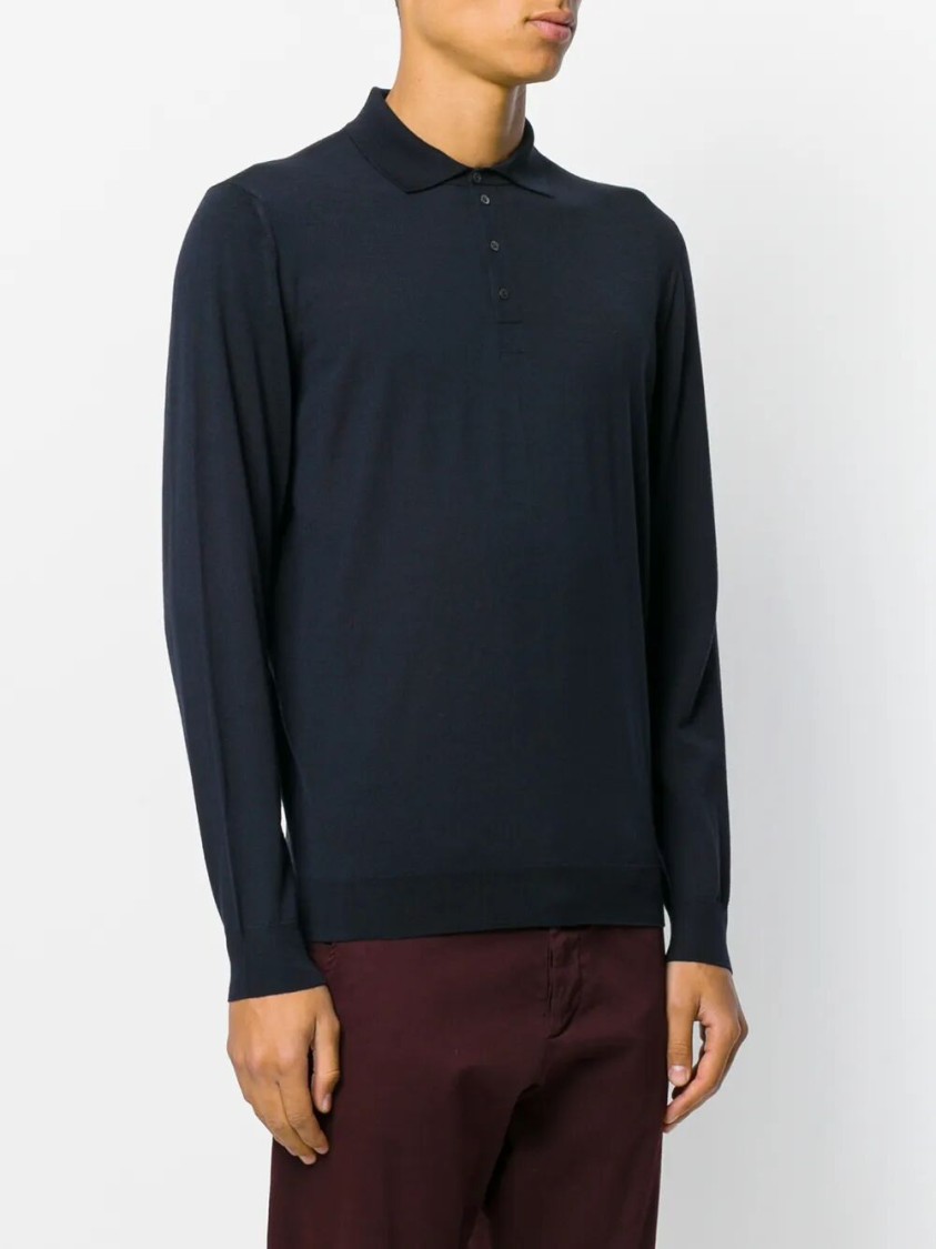 Drumohr Long Sleeve Navy Blue Jersey Polo Shirt In Black