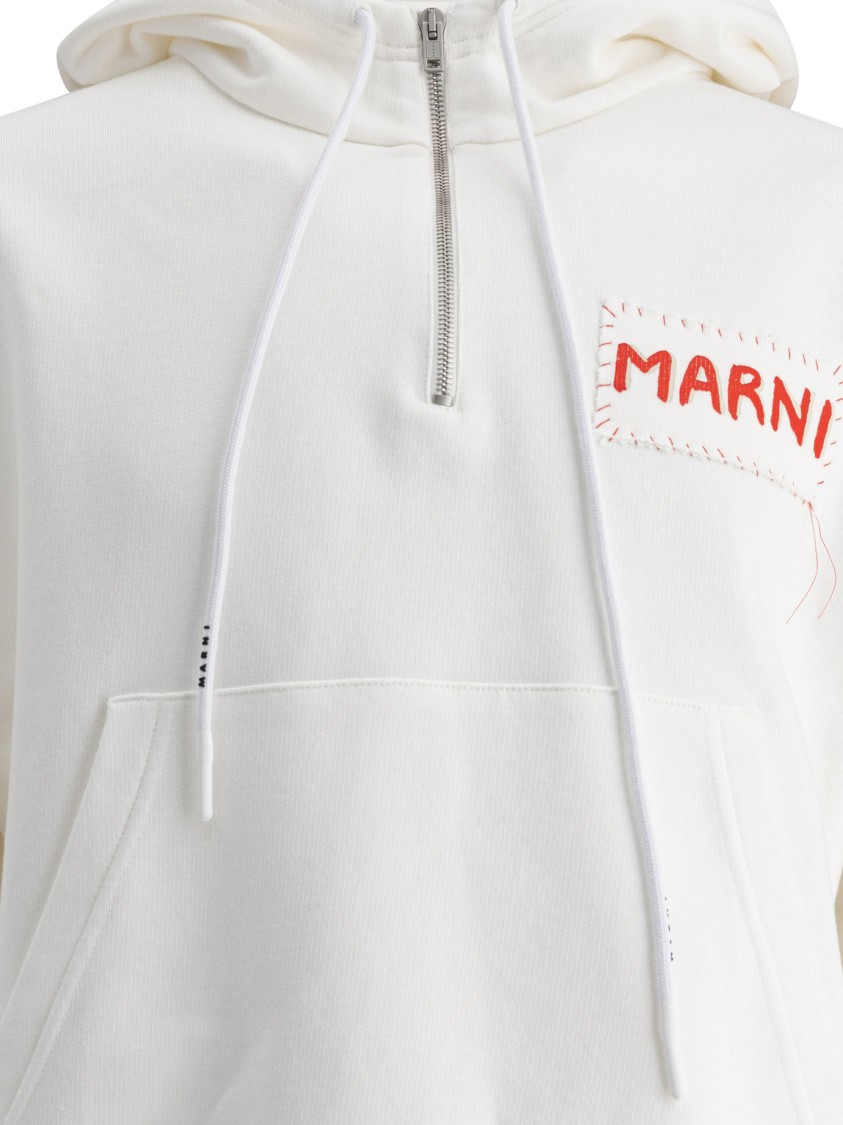 Marni Cropped White Logo Hoodie With Drawstring In White