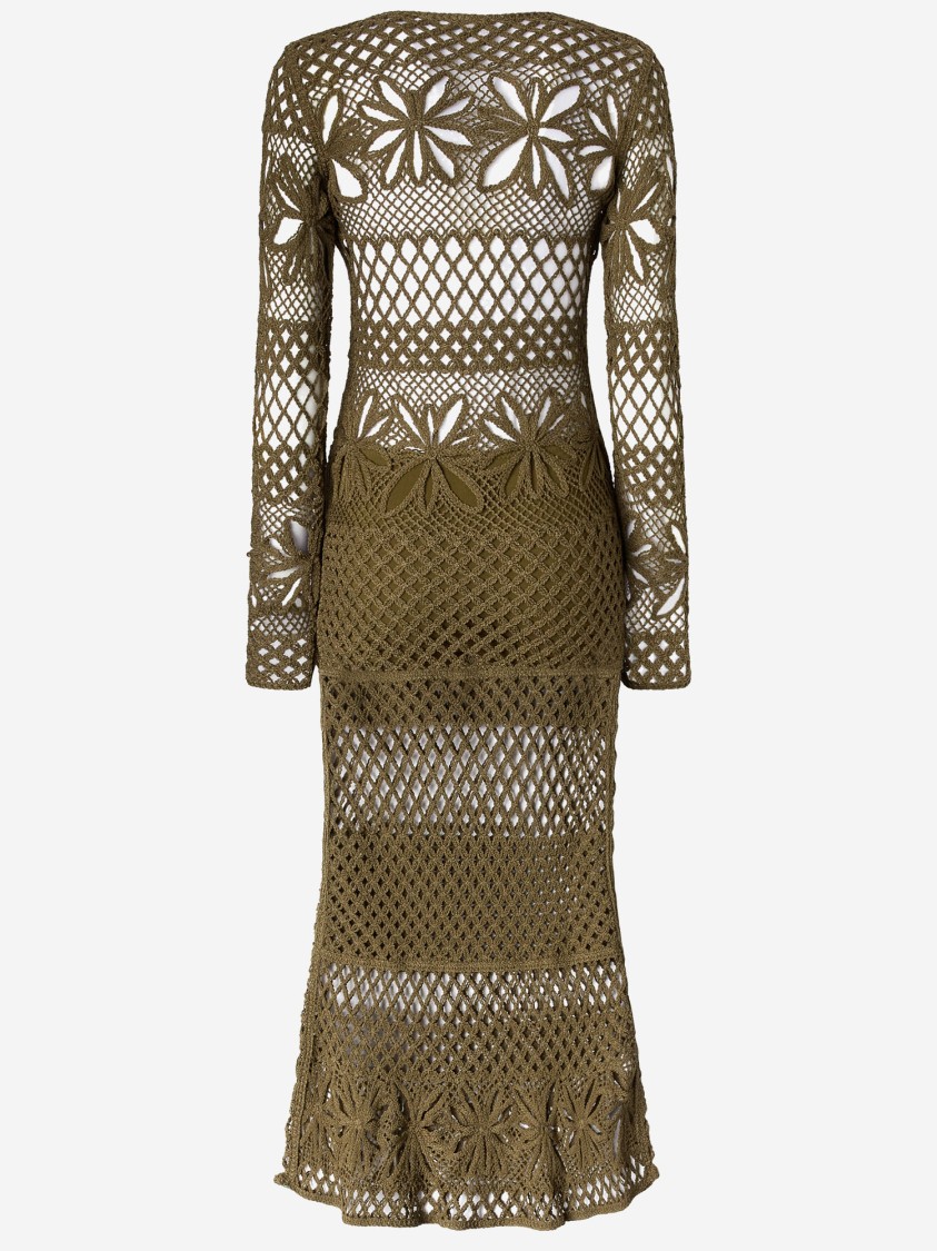 Pinko Long Open-work Crochet Dress With Diamond And Floral Patterns In Green