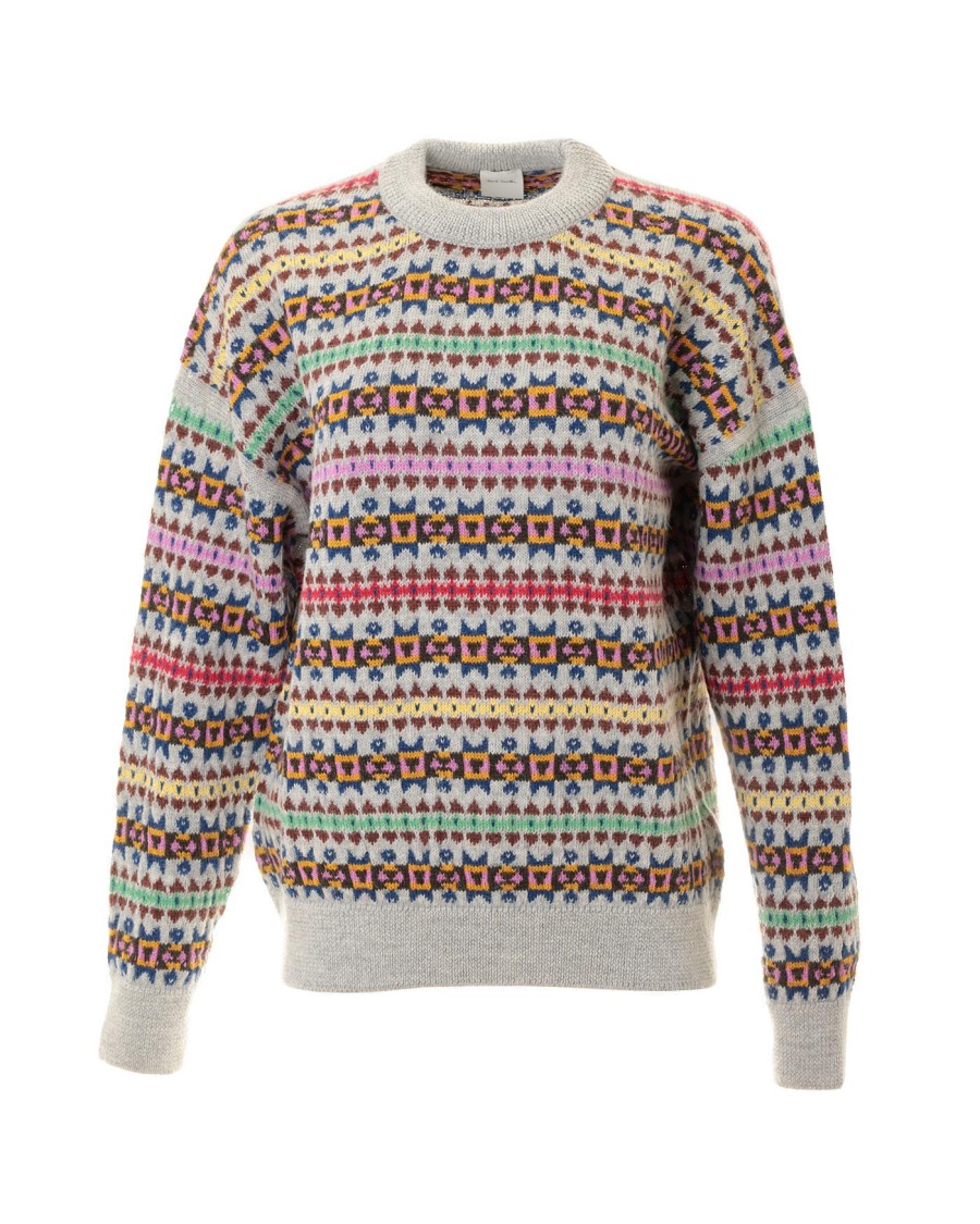 Paul Smith Multi-colored Knitted Crewneck Sweater With Geometric Patterns In Gray