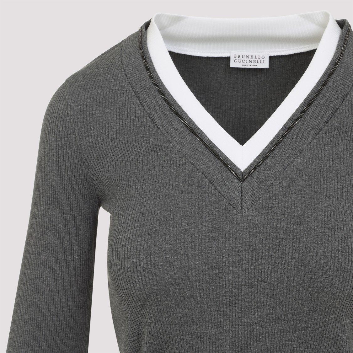 Brunello Cucinelli Ribbed Long Sleeves Top With Contrast Trim In Gray